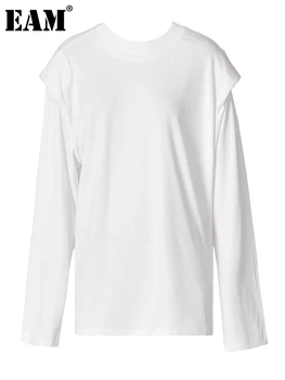 [EAM] Женская Белая футболка с подкладкой на плечах Большого Размера, Новая, С круглым вырезом, Свободного кроя, С длинным рукавом, Модная, Весна-Осень 2023 1DF8043