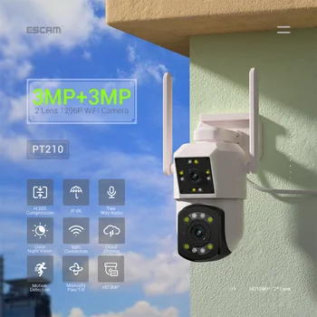 ESCAM PT210 3MP 1296P iCam365 APP Двухобъективная Беспроводная PTZ IP-камера Полноцветного Обнаружения Гуманоидов с Искусственным Интеллектом Домашняя Безопасность CCTV Монитор