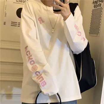 MINGLIUSILI/ Весенняя новая Корейская модная женская футболка в стиле Харадзюку, Свободная футболка с длинными рукавами, студенческая модная универсальная футболка Оверсайз