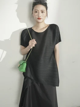 Miyake, Плиссированная Повседневная свободная футболка с коротким рукавом, Женская Летняя Повседневная Новая корейская модная эстетическая одежда 2023