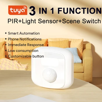 Tuya 3 in1 Smart PIR + Датчик движения + Кнопка управления освещением/шторами, переключатель сцены, детектор движения дома, работает с MeshHub