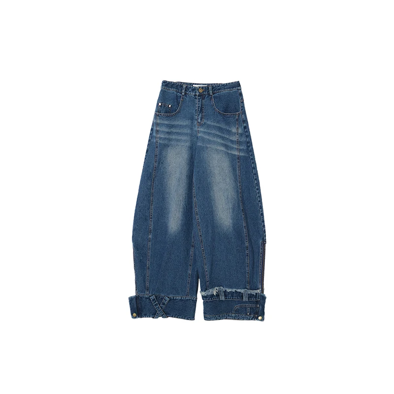 Дизайн джинсовой ткани, соответствующий цвету, Широкие штанины синего цвета, Свободный карман с низкой талией, кружевные брюки с оборками, весенне-осенний стиль