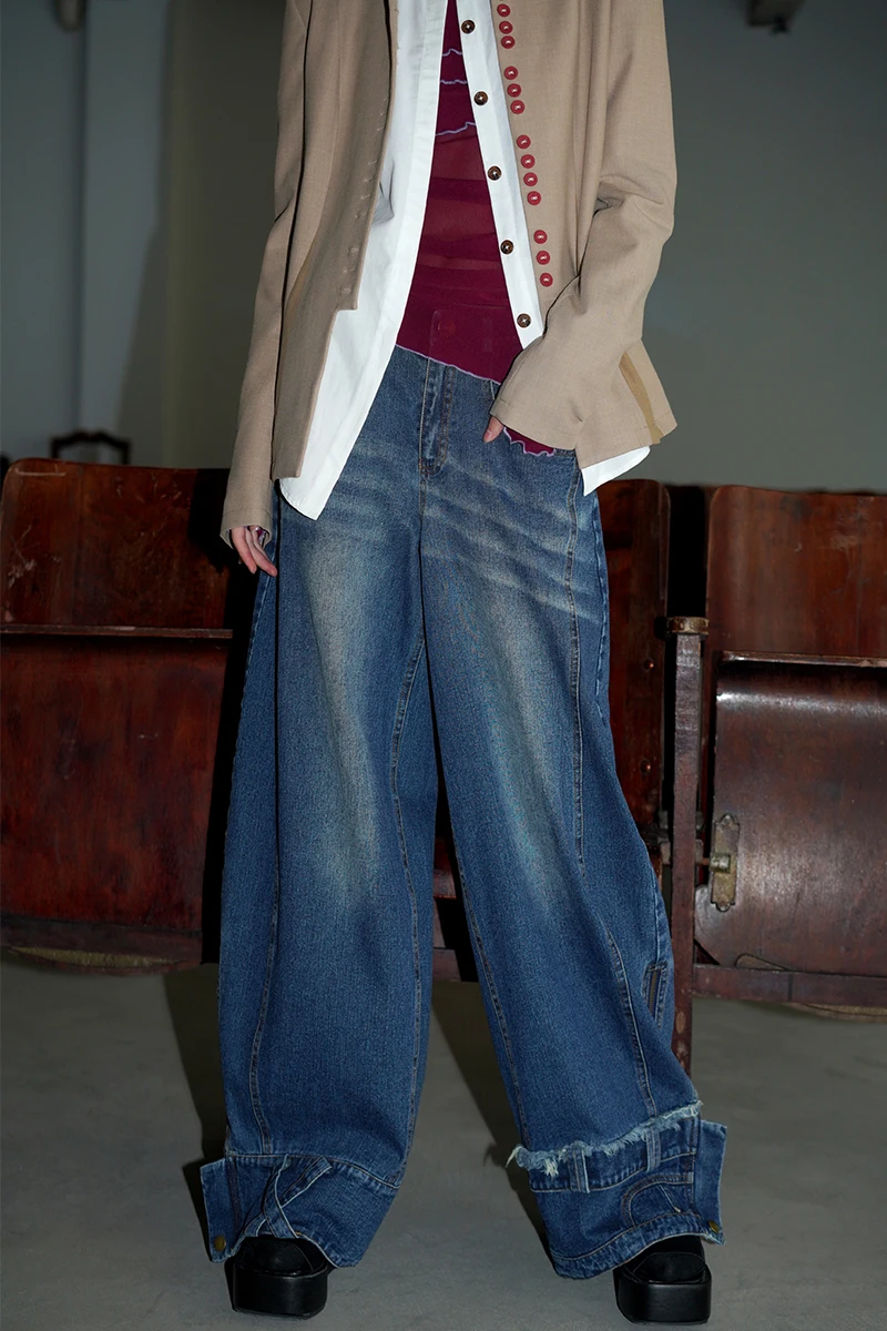 Дизайн джинсовой ткани, соответствующий цвету, Широкие штанины синего цвета, Свободный карман с низкой талией, кружевные брюки с оборками, весенне-осенний стиль