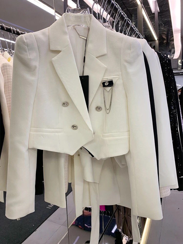 Новейшая осенне-зимняя дизайнерская куртка HIGH STREET 2023, женский двубортный короткий блейзер, украшенный брошью