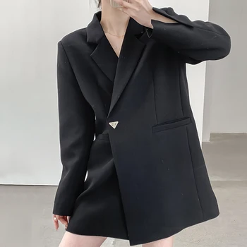 Весенний новый женский блейзер 2023 с длинным рукавом, черная куртка с треугольной пряжкой средней длины