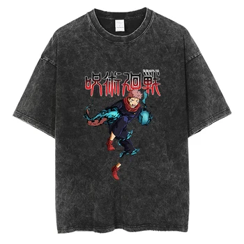 Высококачественная хлопковая выстиранная Винтажная мужская футболка Уличной одежды в стиле хип-хоп с Аниме графикой, футболка Оверсайз Для летней футболки Harajuku
