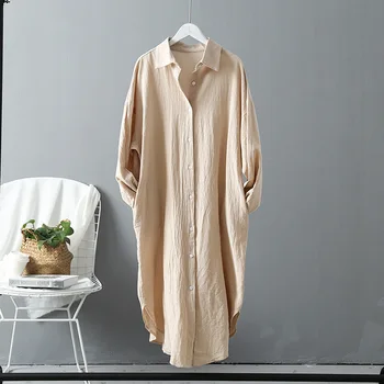 Длинное Белое Платье-рубашка для Женщин из Льна И Хлопка 2023 Весна-Лето Повседневная Корейская Одежда Винтажный Халат Миди Оверсайз