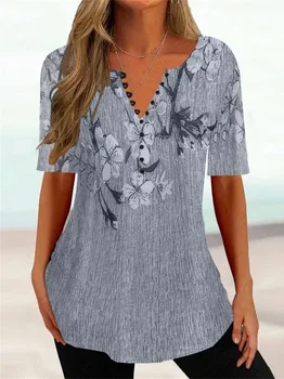 Женская Летняя Свободная рубашка на пуговицах с V-образным вырезом и коротким рукавом 2023, Женская модная футболка с принтом