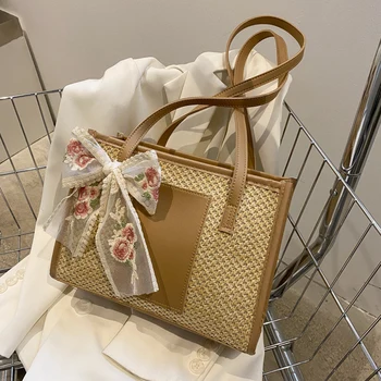 Женская соломенная тканая сумка на молнии, большая вместительная кружевная лента ручной работы, Лоскутная плетеная сумка из ротанга