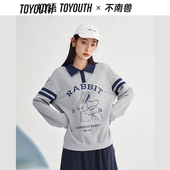 Женские свитшоты Toyouth 2023, Весенняя Свободная толстовка-поло с длинным рукавом и принтом милого кролика, Комфортный шикарный повседневный пуловер