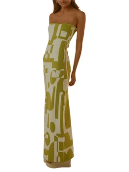 Женское трикотажное платье без бретелек, облегающее платье-труба, макси-платье без рукавов с открытой спиной, полосатое платье с принтом, пляжное платье
