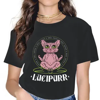 Забавные футболки Lucipurr для Женщин, Футболка с круглым вырезом из 100% хлопка, Футболка Demon Kitty с коротким рукавом, Новое Поступление Одежды