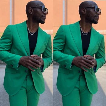Зеленые мужские костюмы, блейзер, брюки из 2 предметов, Однобортный Модный деловой современный мужской Смокинг, Свадебный, деловой, повседневный