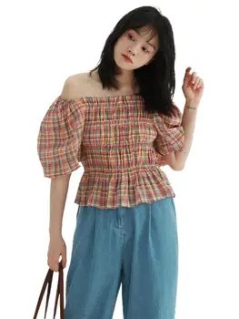 Корейская укороченная блузка Для женщин 2023, Новая летняя хлопковая рубашка с пышными рукавами и вырезом лодочкой с открытыми плечами, женские топы в радужную клетку