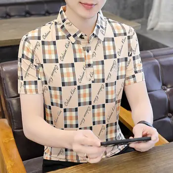 Летняя футболка с воротником и коротким рукавом, мужская рубашка поло из ледяного шелка, принт с лацканами, тонкий клетчатый полосатый корейский модный повседневный топ