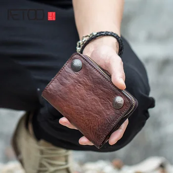 Мужской кожаный бумажник большой емкости AETOO, многофункциональный ретро-кошелек на молнии, короткий кожаный кошелек ручной работы