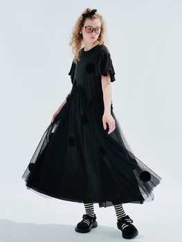 Оригинальное летнее черное платье-пуловер Imakokoni с круглым вырезом и гофрированной вставкой, с короткими рукавами в горошек для женщин 234040