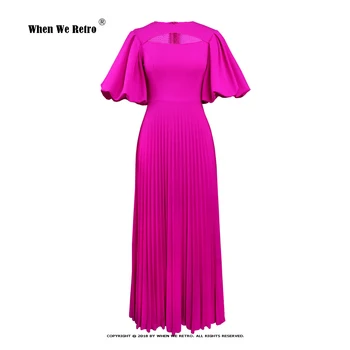 Розово-красное Плиссированное платье С вырезом и рукавом-фонариком, Элегантное Вечернее платье для женщин 2023, Новый Повседневный Свободный вечерний халат VP0190
