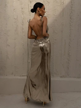 Сексуальная Одежда Y2K из Искусственной кожи на шнуровке, Облегающие Платья Макси без рукавов с открытой спиной Для женщин, Клубная вечеринка по случаю Дня Рождения 2023