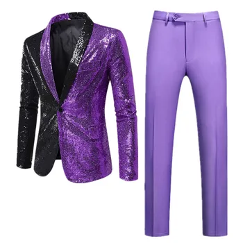 Уникальный дизайн, мужской костюм в стиле пэчворк с блестками, 2 предмета, черный/Фиолетовый/Синий, мужской Повседневный Блейзер для танцевального бара KTV, куртка и брюки